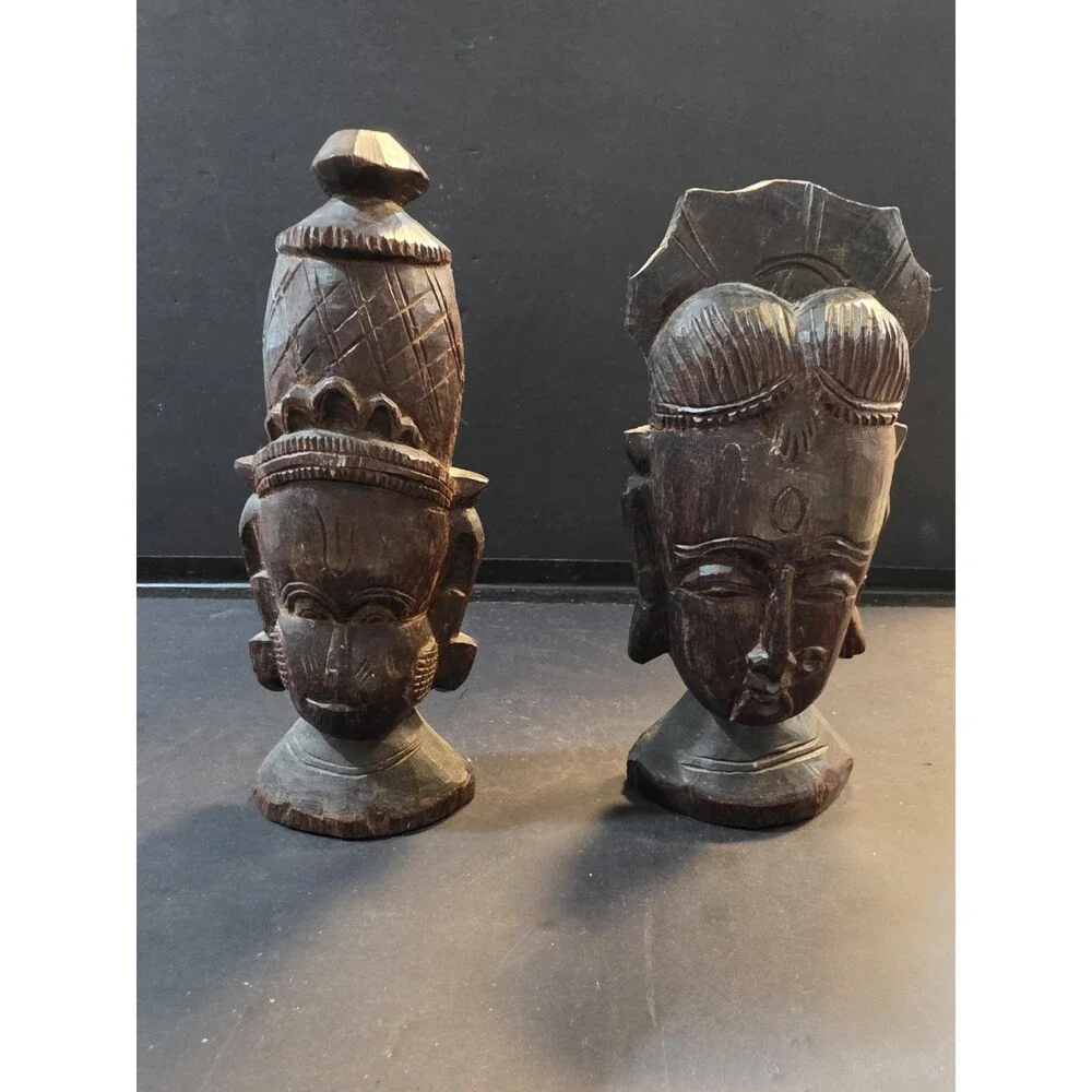 Vintage Indian Hand-Carved Wood Deity Busts - Pair of 2 Traditional Sculptures